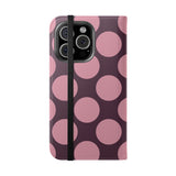 Vegane iPhone 16 Pro Leder-Wallet-Hülle – Pink Plum Polka Dot Design
