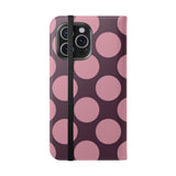 Vegane iPhone 15 Pro Max Leder-Wallet-Hülle – Pink Plum Polka Dot Design