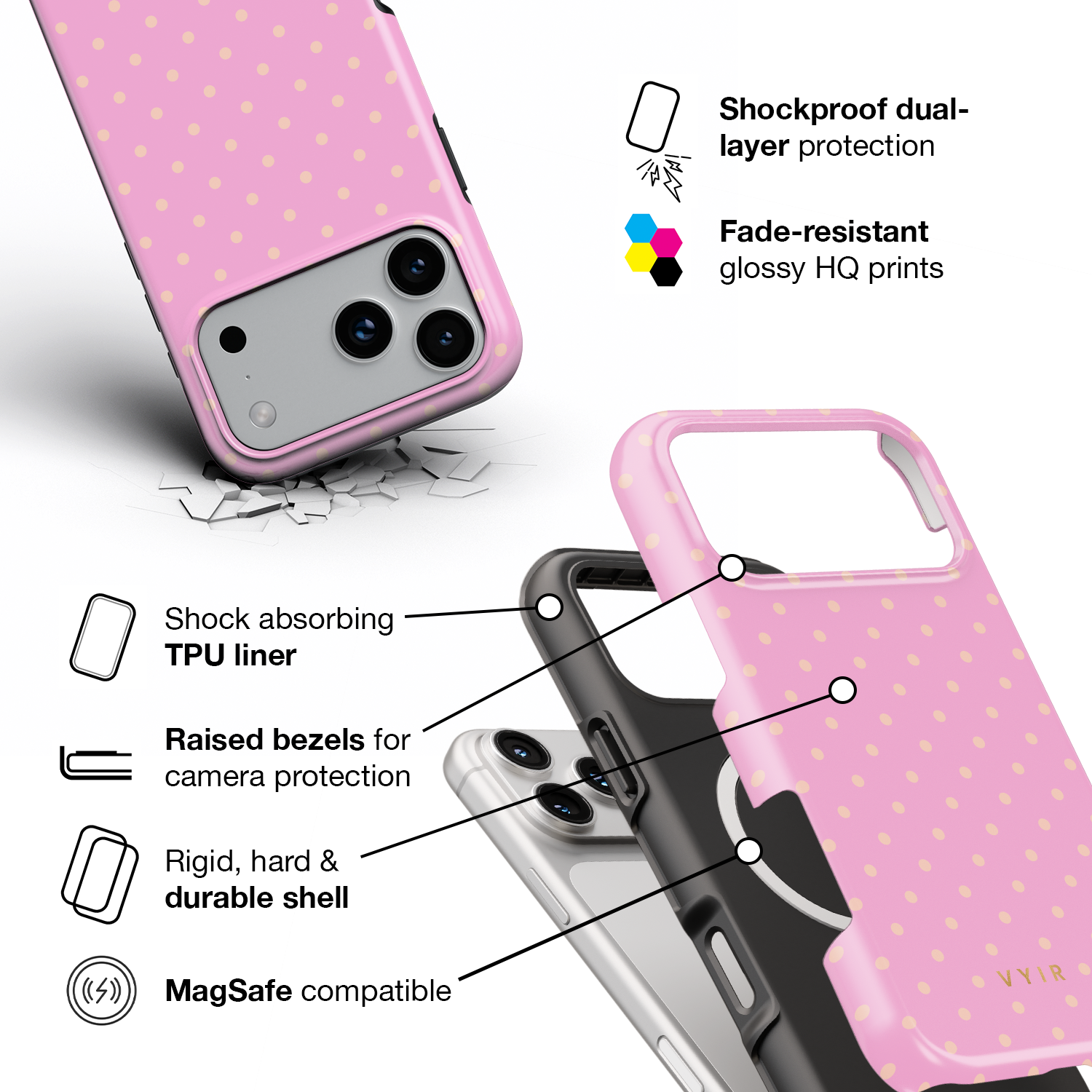 Tiny Polka Dots, Feminine Pink - Shockproof MagSafe iPhone Case - VYIR